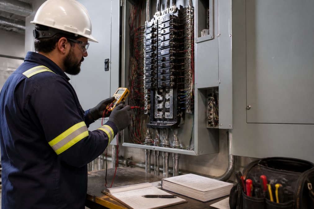 Licensed electrician in safety gear and hard hat inspecting an electrical panel with a digital multimeter, clipboard and code reference materials visible on a workbench nearby, indoor commercial facility setting