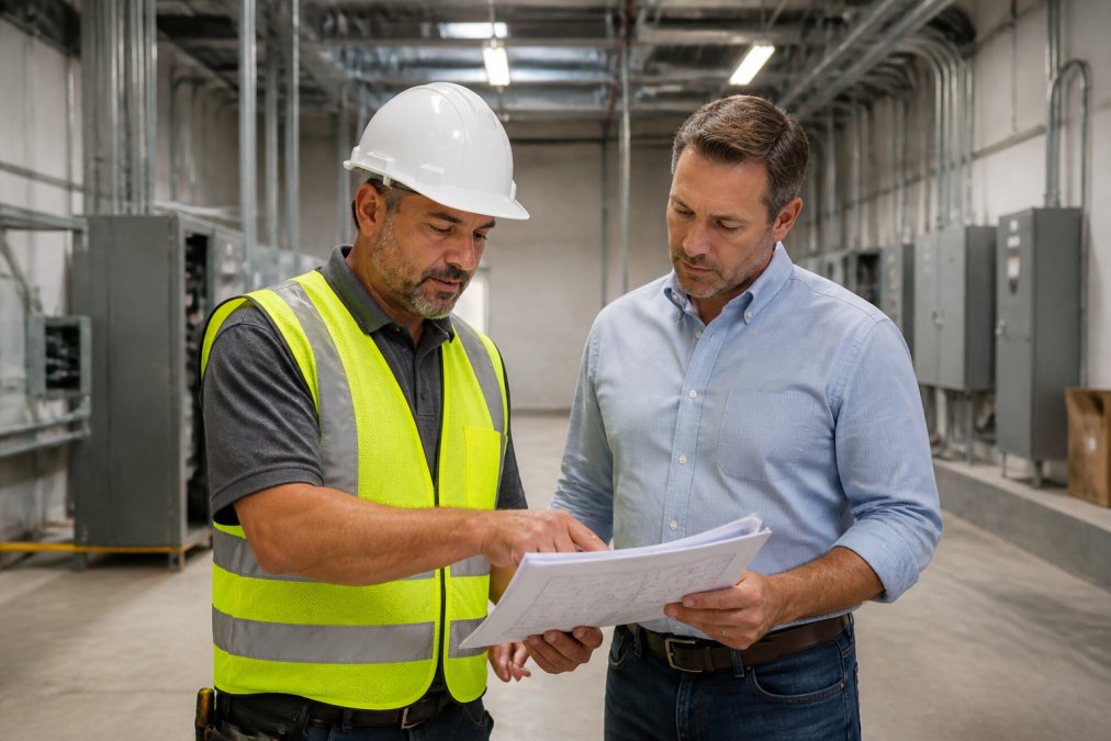 Professional electrician in hard hat and safety vest reviewing electrical blueprints and building plans with a business owner in a commercial facility, both examining documents on a clipboard