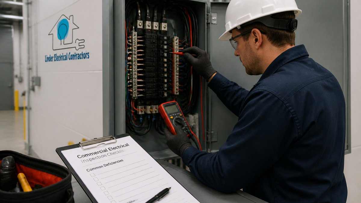 Electrician using a multimeter to check an industrial panel for electrical code compliance in a commercial facility