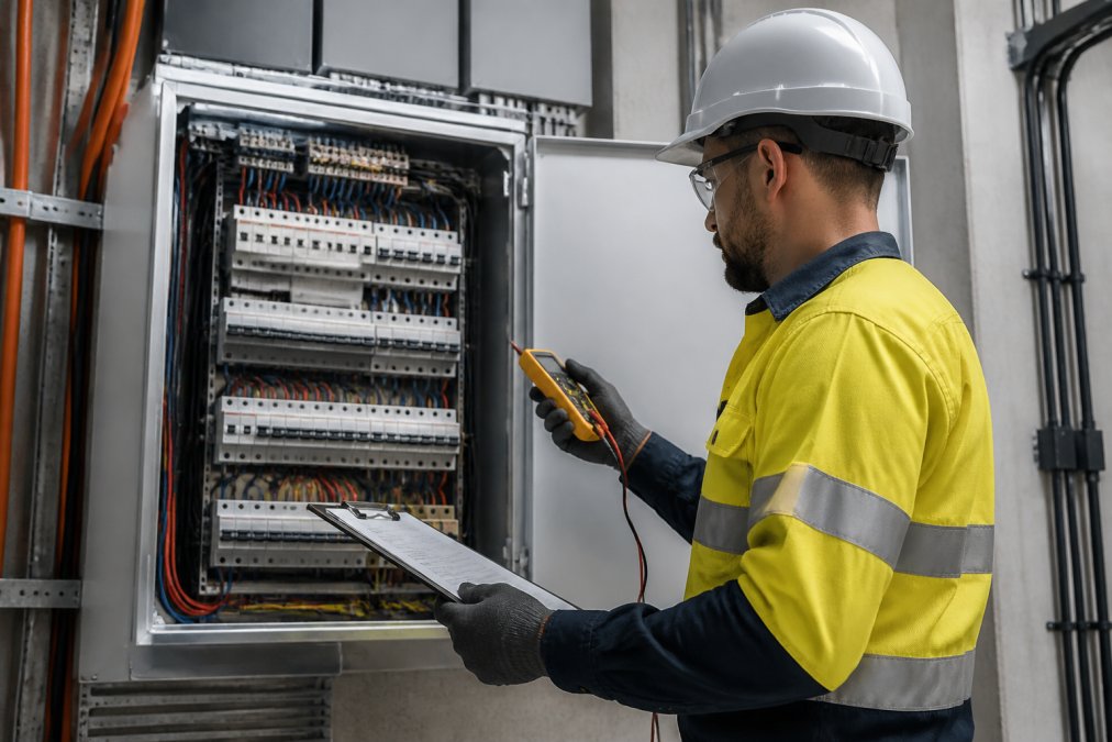 Electrician in safety gear inspecting a commercial switchboard for electrical compliance in a plant room