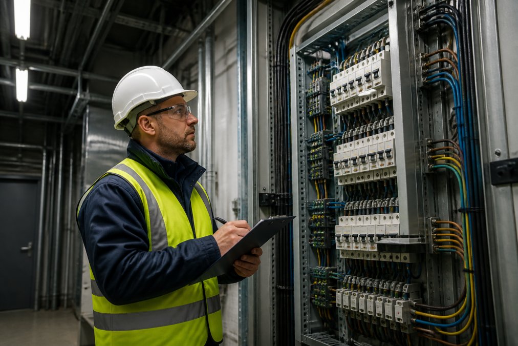 Facilities manager in hard hat and high-visibility vest inspecting electrical switchboard and cable management in industrial facility with fluorescent overhead lighting