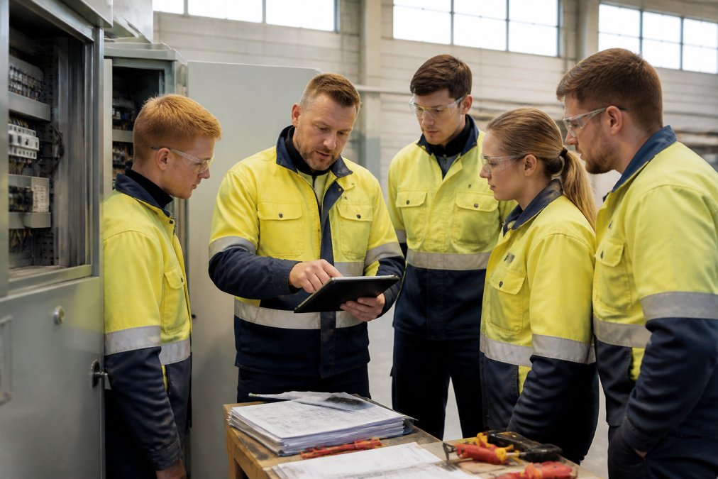 Team of maintenance staff gathered around supervisor reviewing electrical safety procedures and isolation documentation on tablet in industrial facility with natural daylight from windows