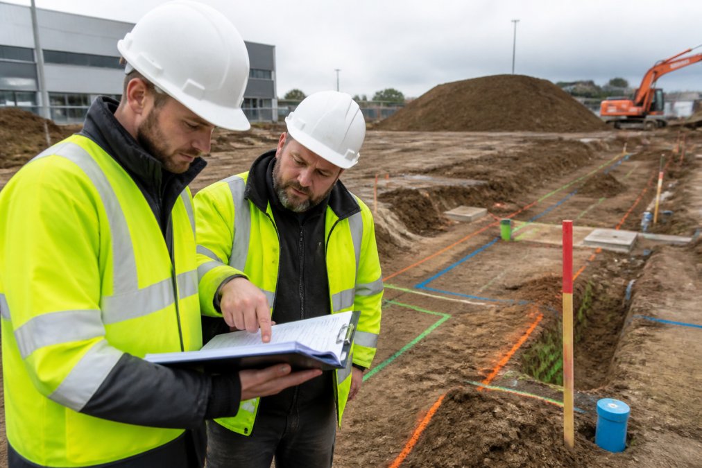 Construction team reviewing a site safety briefing document and permit-to-work form on a clipboard before beginning ground disturbance, with marked service routes visible in the background