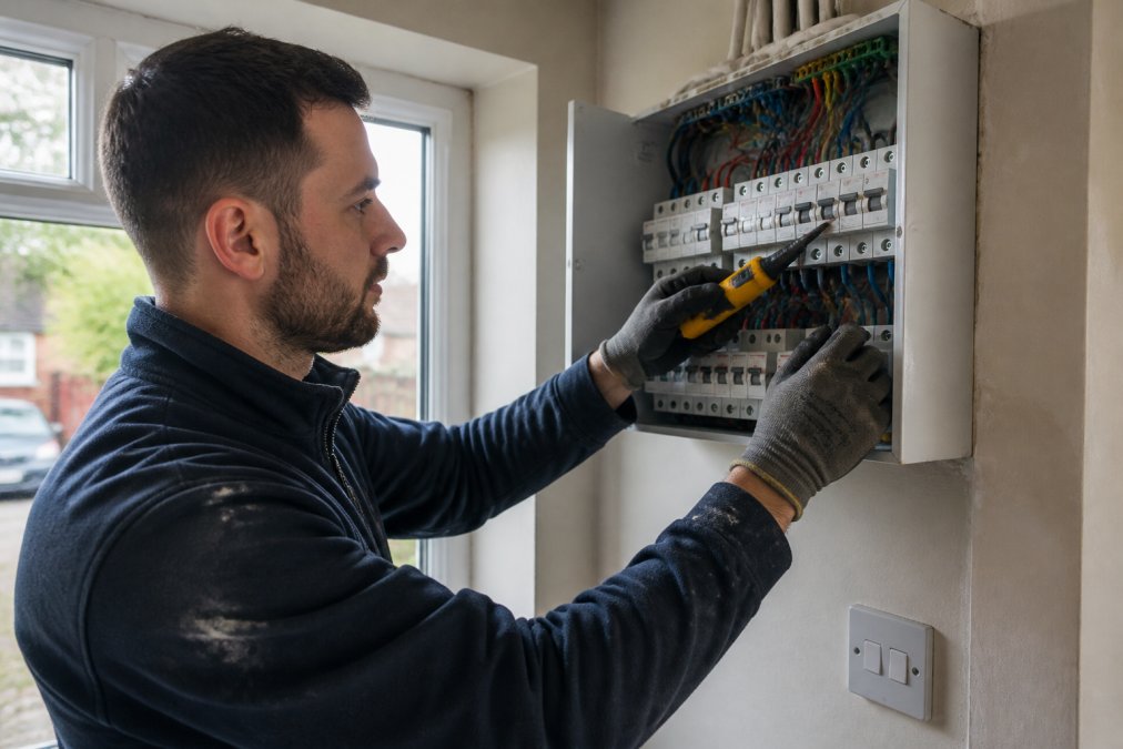 A qualified electrician in workwear testing a modern consumer unit in a rental property, holding a voltage tester, with natural daylight coming through a window