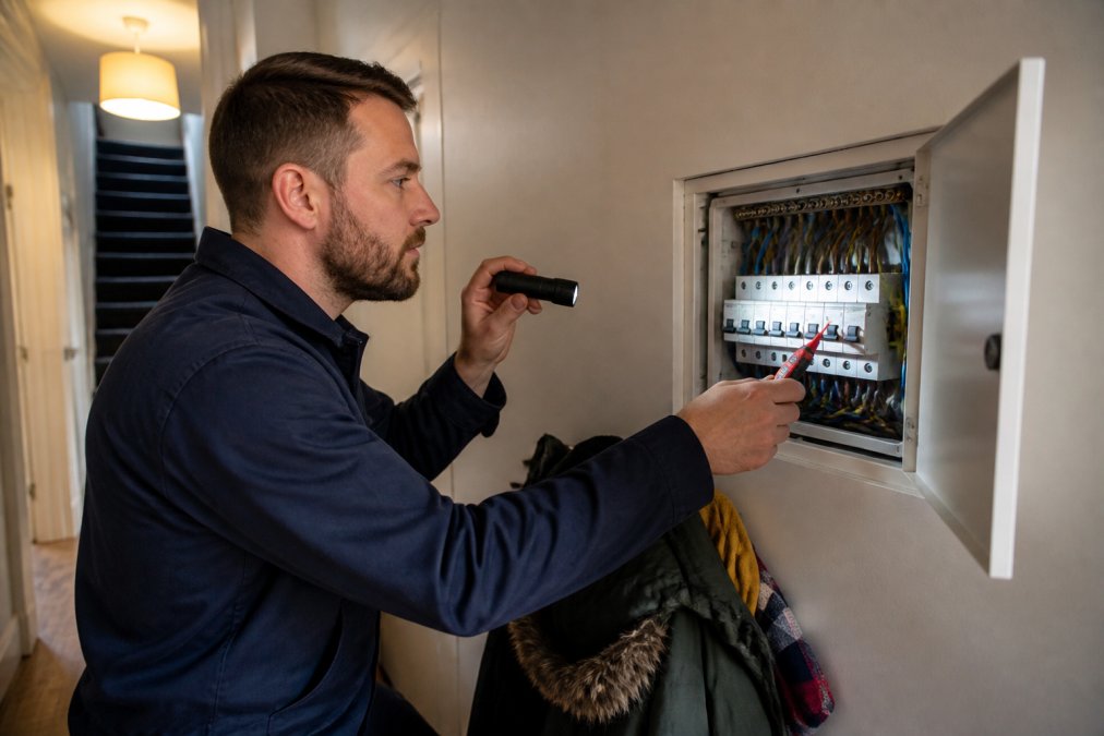 A professional electrician in navy workwear inspecting a domestic consumer unit mounted in a hallway, holding a voltage tester while examining the circuit breakers with a torch