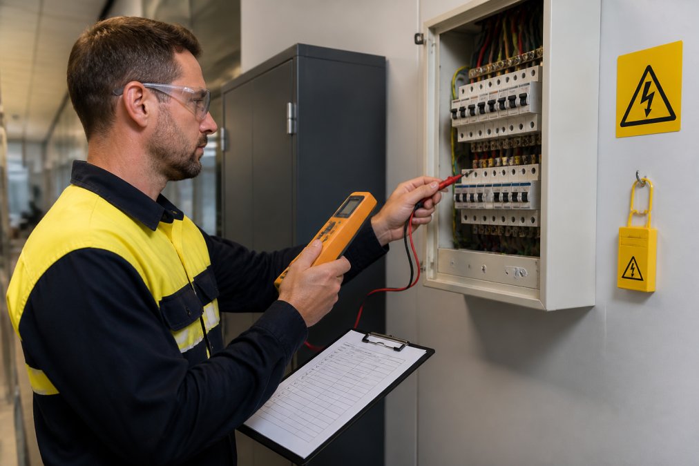 A licensed electrician using a handheld testing device to inspect a wall-mounted electrical switchboard in a commercial office space, with a clipboard, safety equipment, and warning labels visible in the background