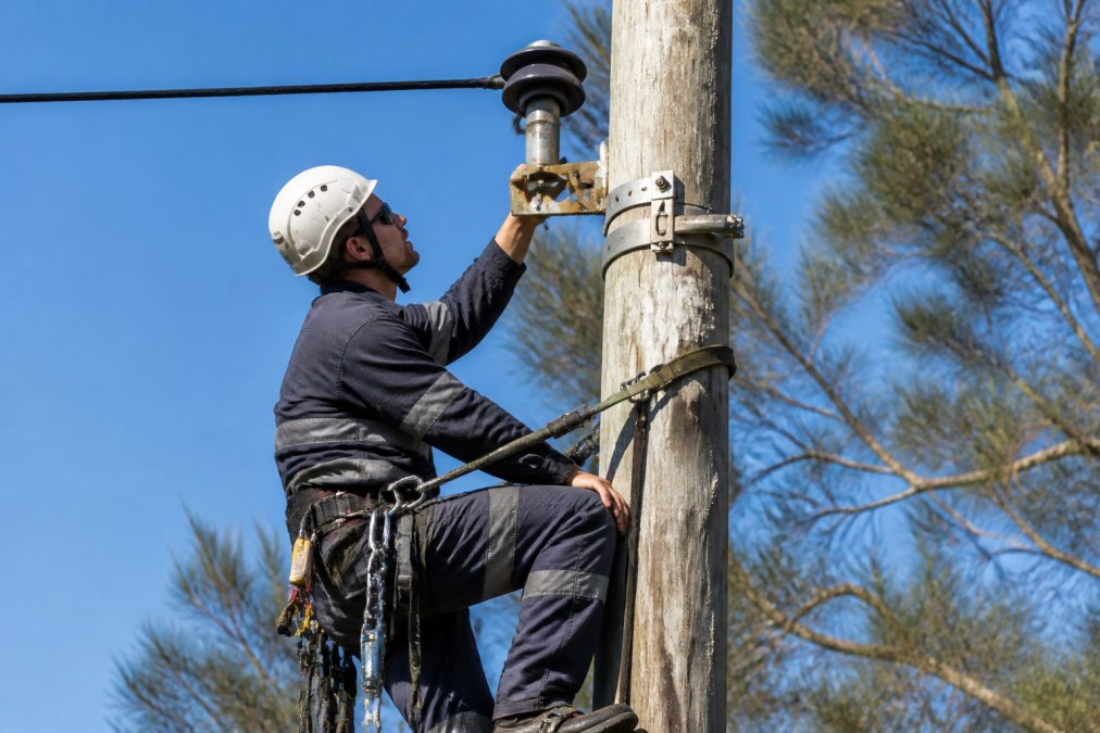 A trained technician conducting a visual inspection of a residential power pole structure, checking for signs of damage, wood deterioration, corrosion on metal components, and structural integrity, with safety equipment and climbing gear visible