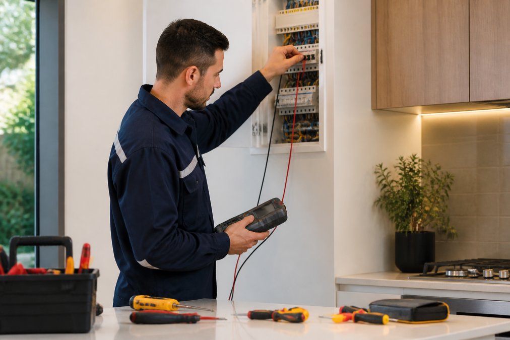 Professional electrician in uniform conducting electrical safety inspection near switchboard in modern residential kitchen, using digital testing equipment with natural lighting