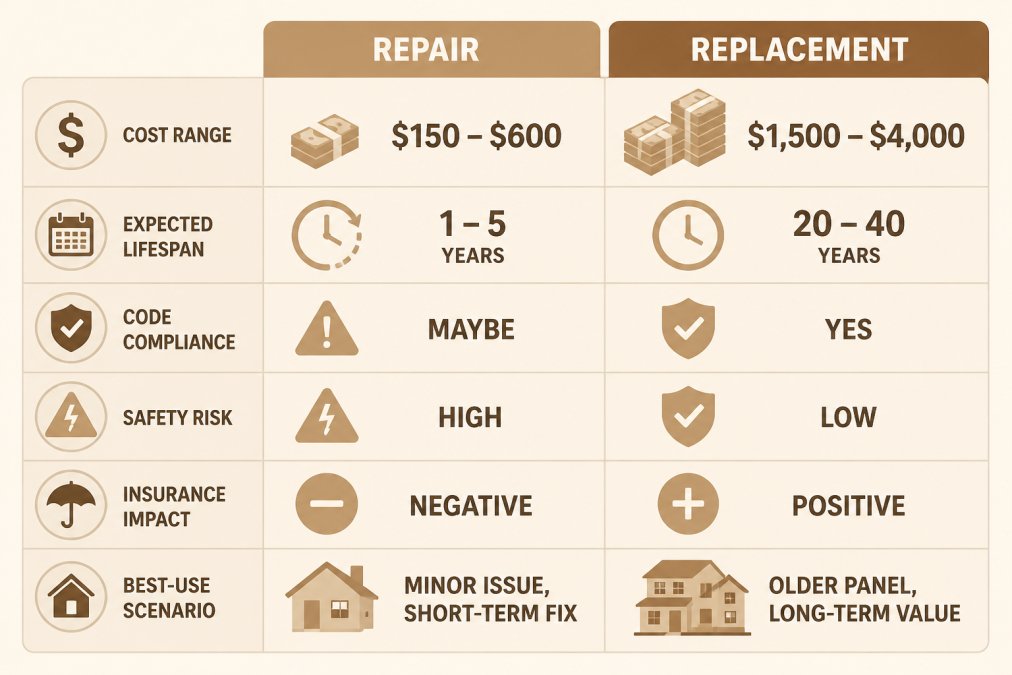 Comparison matrix of repair vs replacement covering cost range, expected lifespan, code compliance, safety risk, insurance impact, and best-use scenario for each option