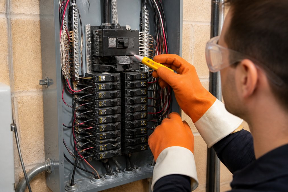 A close-up of a homeowner's hands wearing insulated rubber gloves and safety goggles, holding a voltage tester near an open residential electrical panel with the main breaker clearly visible