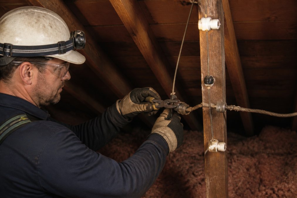 Licensed electrician in safety gear examining and carefully removing old knob and tube wiring from an attic space, using inspection tools and wearing protective equipment