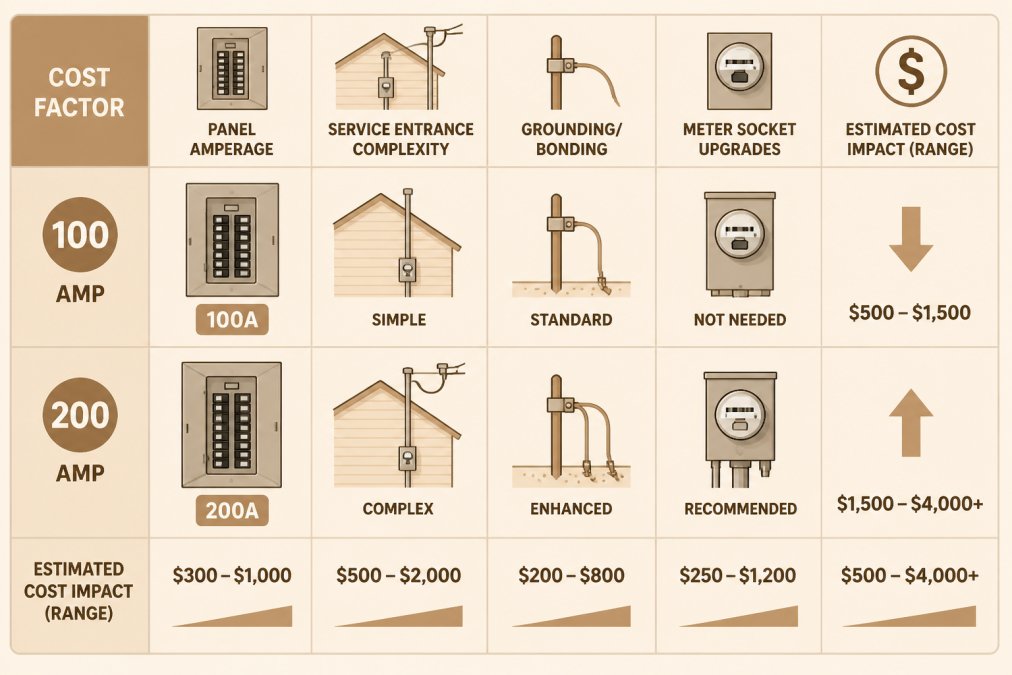 Comparison matrix showing cost factors: panel amperage (100-amp vs 200-amp), service entrance complexity, grounding/bonding requirements, meter socket upgrades, and estimated cost impact range