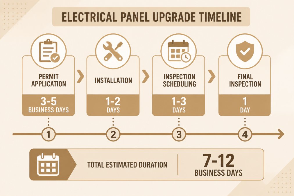 Project timeline showing phases: permit application (3-5 business days), installation (1-2 days), inspection scheduling (1-3 days), final inspection (1 day), with total estimated duration 7-12 business days