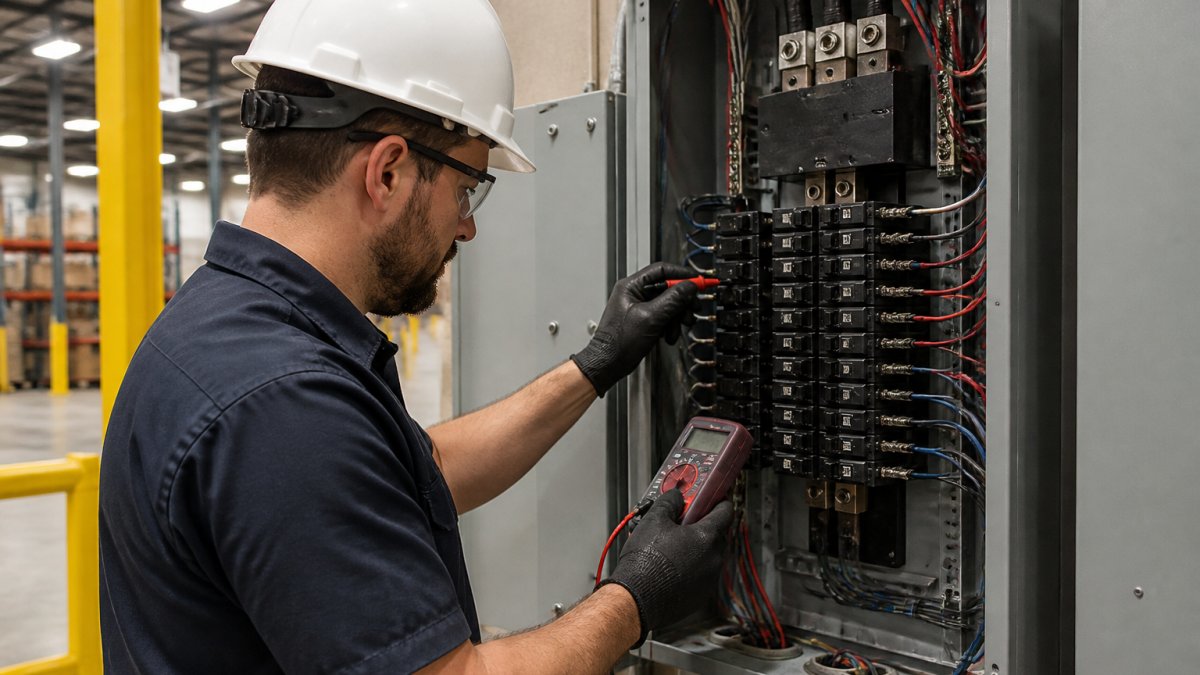 Licensed electrician inspecting commercial electrical panel with multimeter and testing equipment, checking breaker connections and panel condition in a warehouse setting under bright overhead lighting