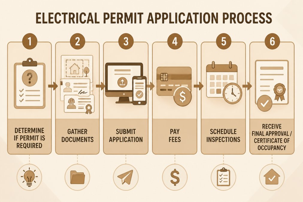 6-step flowchart outlining the application process for electrical permits from submission to final approval.