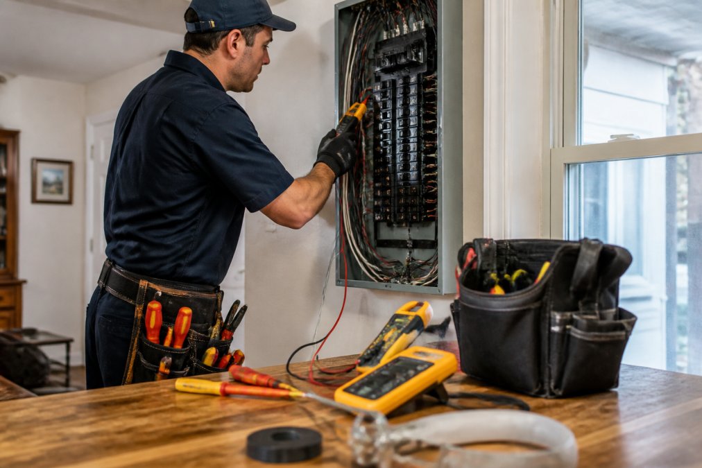 Licensed electrician testing a residential circuit breaker panel to help determine electrical repair pricing models.