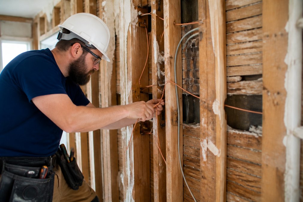 Licensed electrician in work gear carefully threading new copper wiring through an open wall cavity in an older home, with exposed studs and original plaster visible in the background, under bright work lighting