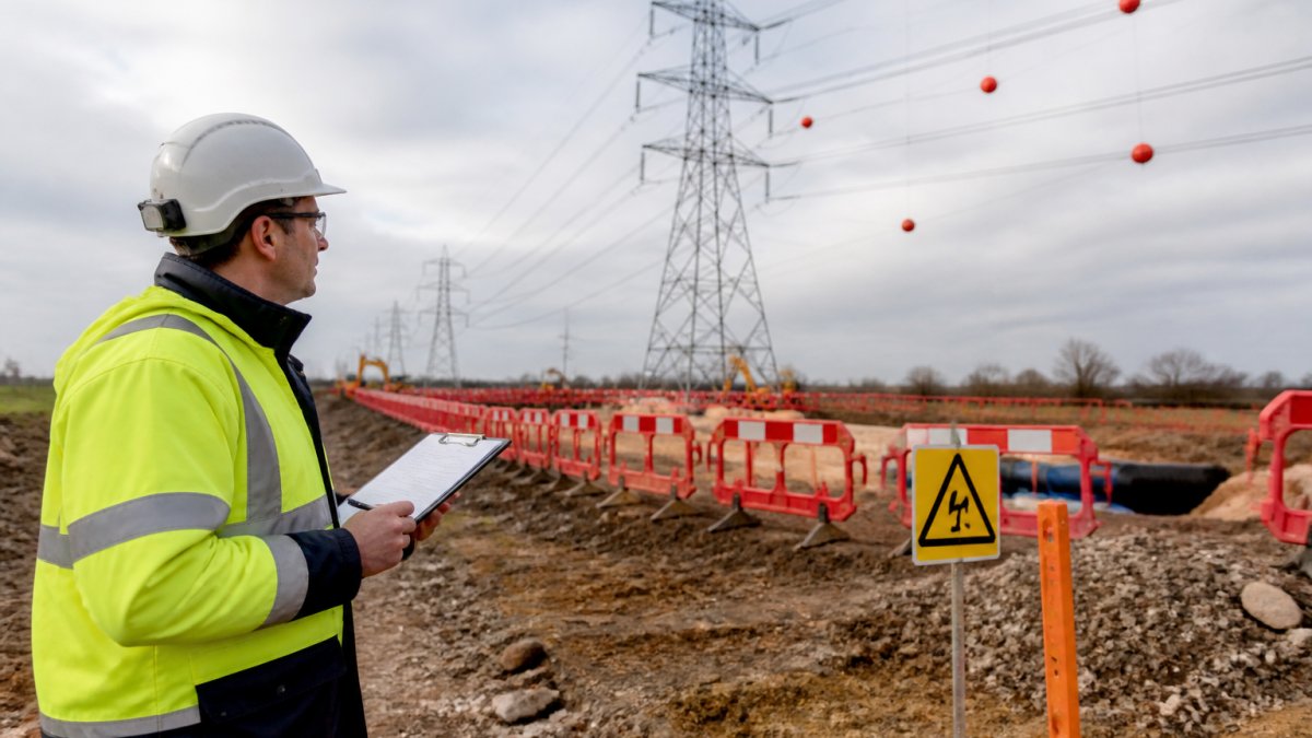 Site supervisor using an electrical risk assessment checklist to inspect power line markers on a construction site.