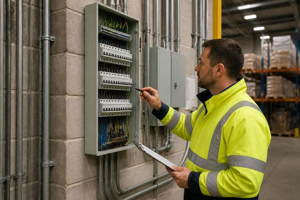 Warehouse worker inspecting a circuit breaker panel for an electrical risk assessment in a warehouse.