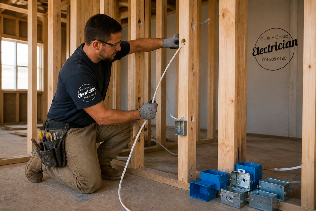 Electrician pulling Romex cable through wall studs during an electrical rough-in at a home renovation site