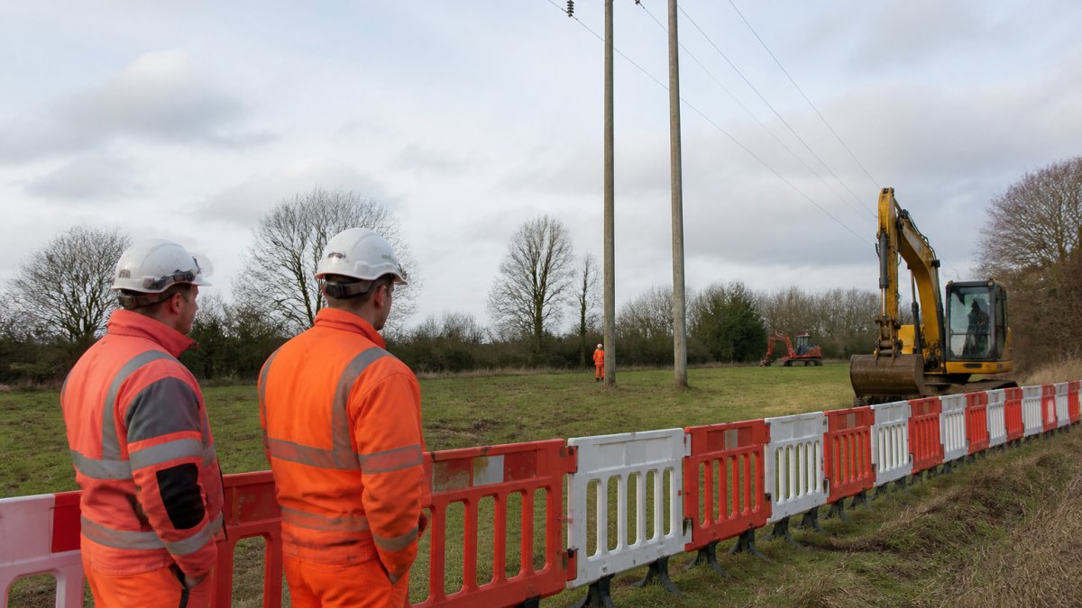 Construction team working at a safe distance from overhead power lines with visible safety barriers and warning signs on a typical UK work site