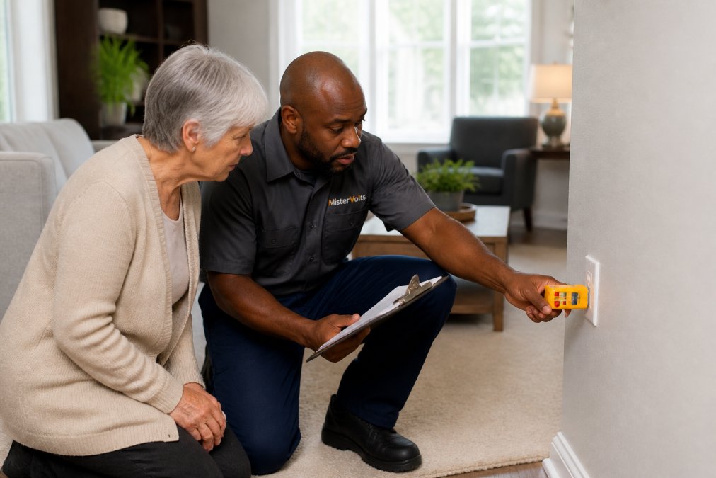 An older adult and a licensed electrician inspecting a wall outlet in a bright living room, with a clipboard and outlet tester visible, conveying a careful safety review