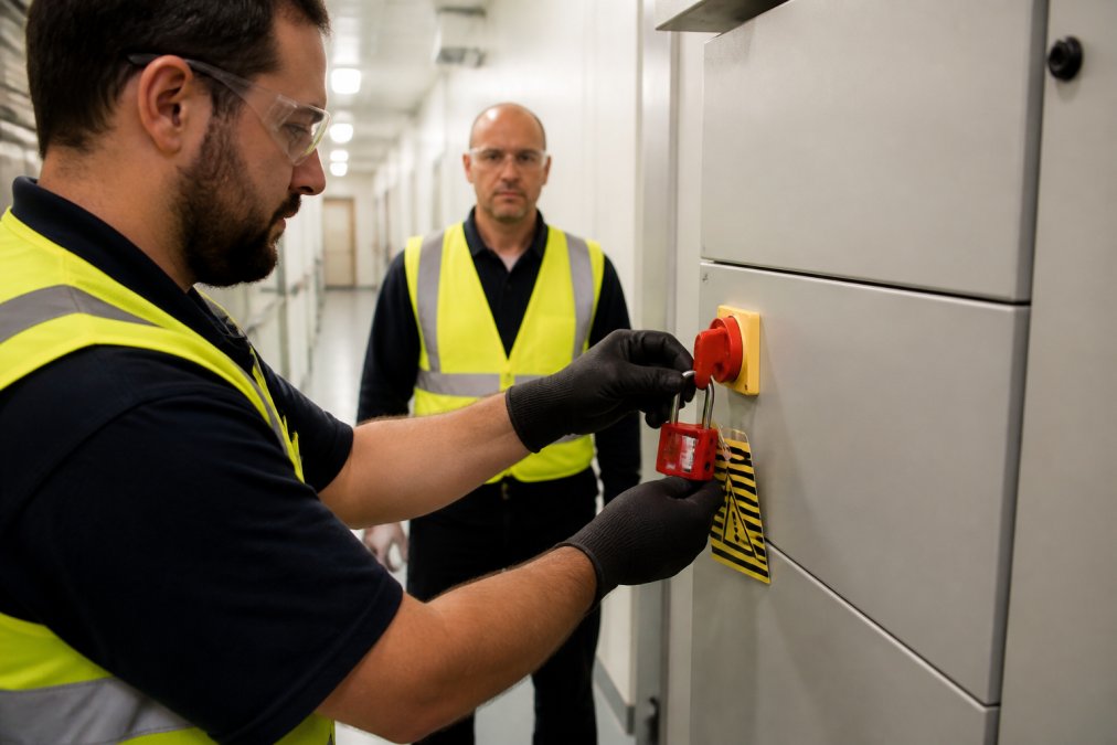 A maintenance technician in high-visibility vest and safety gloves applying a red lockout padlock to an electrical isolation switch on a grey distribution board in a clinical corridor, with a yellow warning tag attached and a colleague observing in the background