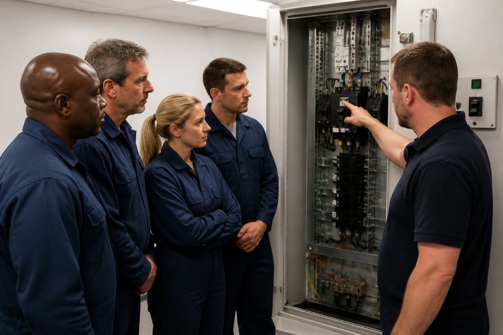 A group of four hospital maintenance staff in work uniforms gathered around an open electrical distribution panel in a training room, with an instructor in a polo shirt pointing to the isolation switch and demonstrating the correct isolation procedure under bright fluorescent lighting