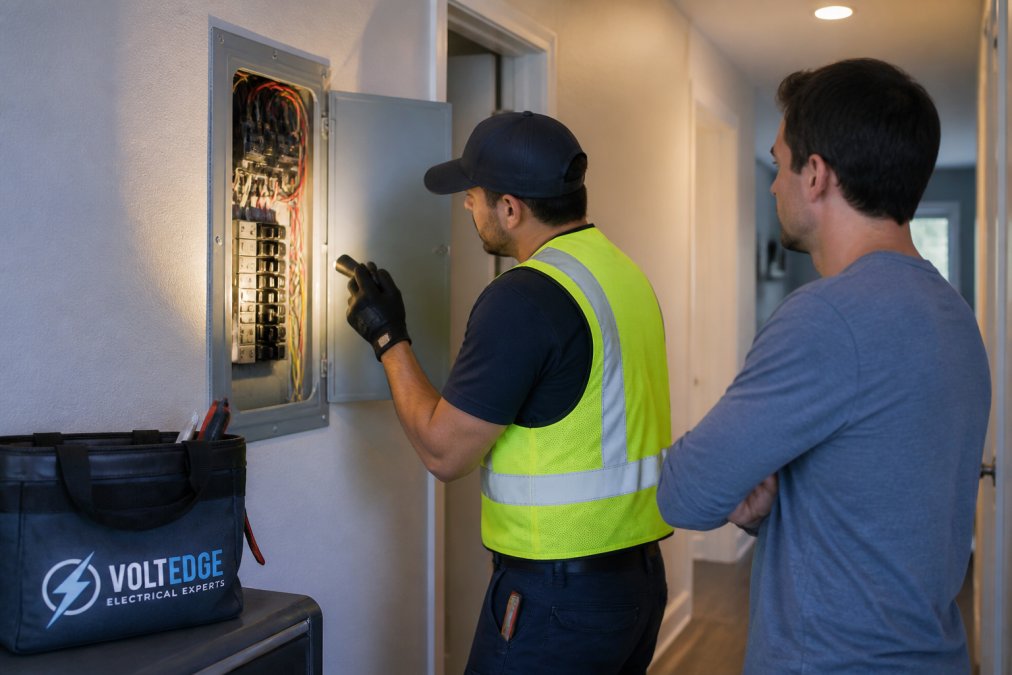 Electrician examining a home electrical panel for an electrical safety inspection cost for home buyers evaluation