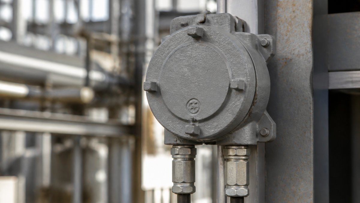 Close-up of explosion-protected electrical enclosure with sealed conduit connections and CSA certification marking visible on the metal housing in an industrial petroleum facility