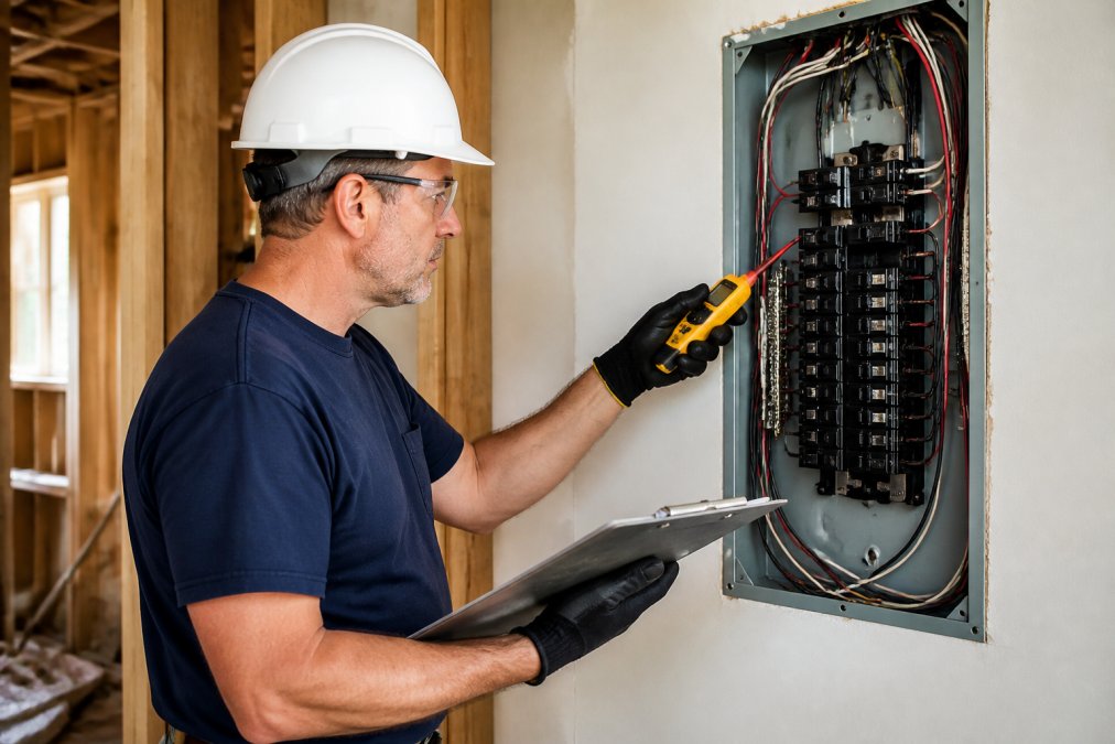 A licensed electrician in safety gear inspecting an open residential electrical panel with a clipboard and voltage tester inside a home under construction