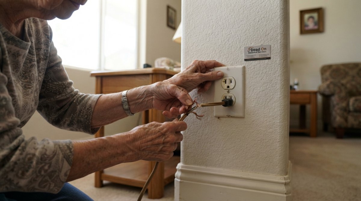 Diagram showing electrical safety tips for seniors by identifying frayed cords and damaged wall outlets.