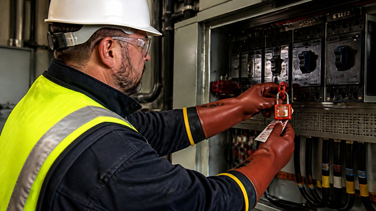 An engineer in full PPE, including insulated gloves and safety glasses, demonstrating lockout/tagout procedures on an industrial electrical panel inside a facility plant room