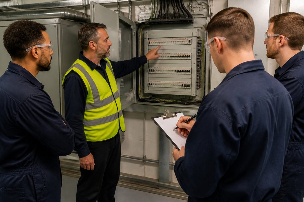 A hospital estates supervisor in a high-vis vest briefing a small group of maintenance staff in a plant room, pointing at a distribution board while one technician takes notes on a clipboard
