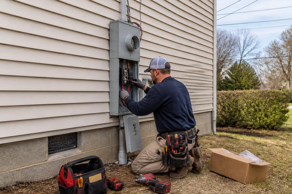 Licensed electrician installing a new meter base and main breaker at a residential service entrance, with tools and equipment visible on the ground and utility lines in the background