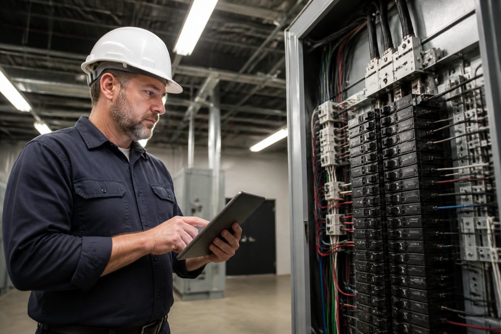 Electrician documenting issues on a tablet while performing electrical troubleshooting for commercial buildings