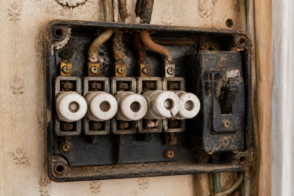 Close-up of an old fuse box with worn ceramic fuses and corroded metal components, showing age and deterioration in a residential setting