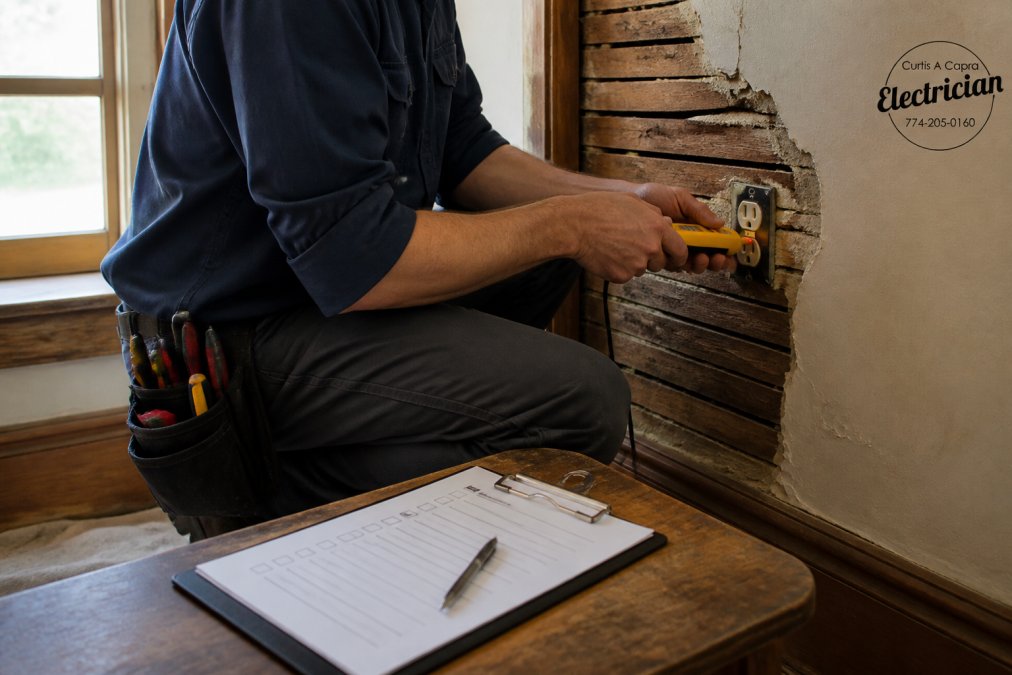 A licensed electrician in work clothes using a voltage tester on an open wall outlet in an older home with lath and plaster walls, clipboard and checklist resting on a nearby table