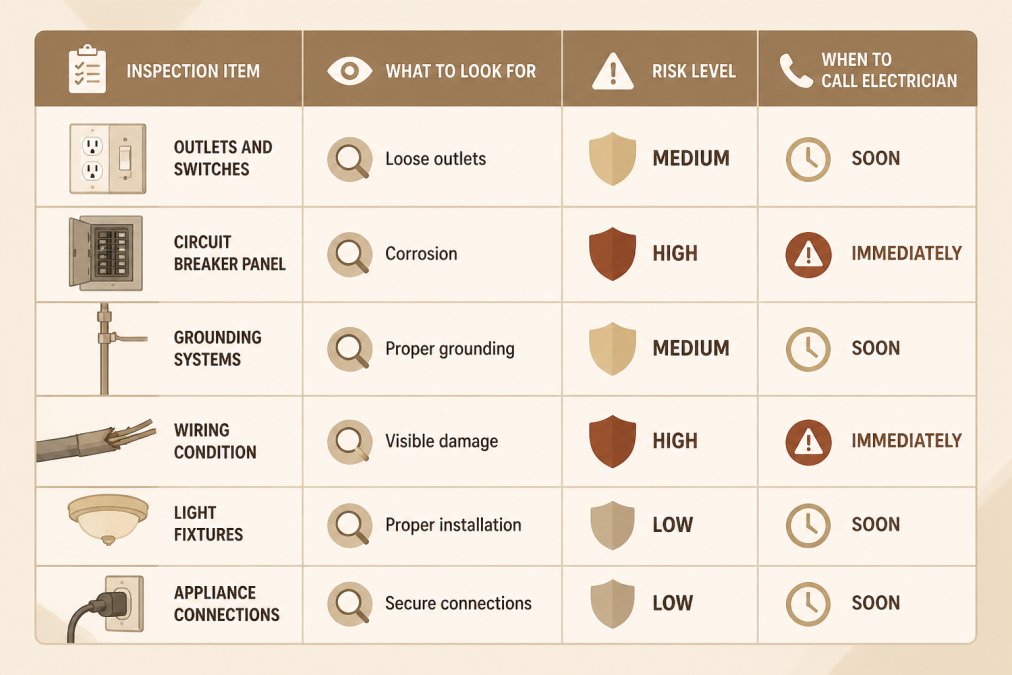 Safety inspection checklist matrix showing: Inspection item (Outlets and switches, Circuit breaker panel, Grounding systems, Wiring condition, Light fixtures, Appliance connections), What to look for (Loose outlets, corrosion, proper grounding, visible damage, proper installation, secure connections), Risk level (Low/Medium/High), When to call electrician (immediately for High risk items)