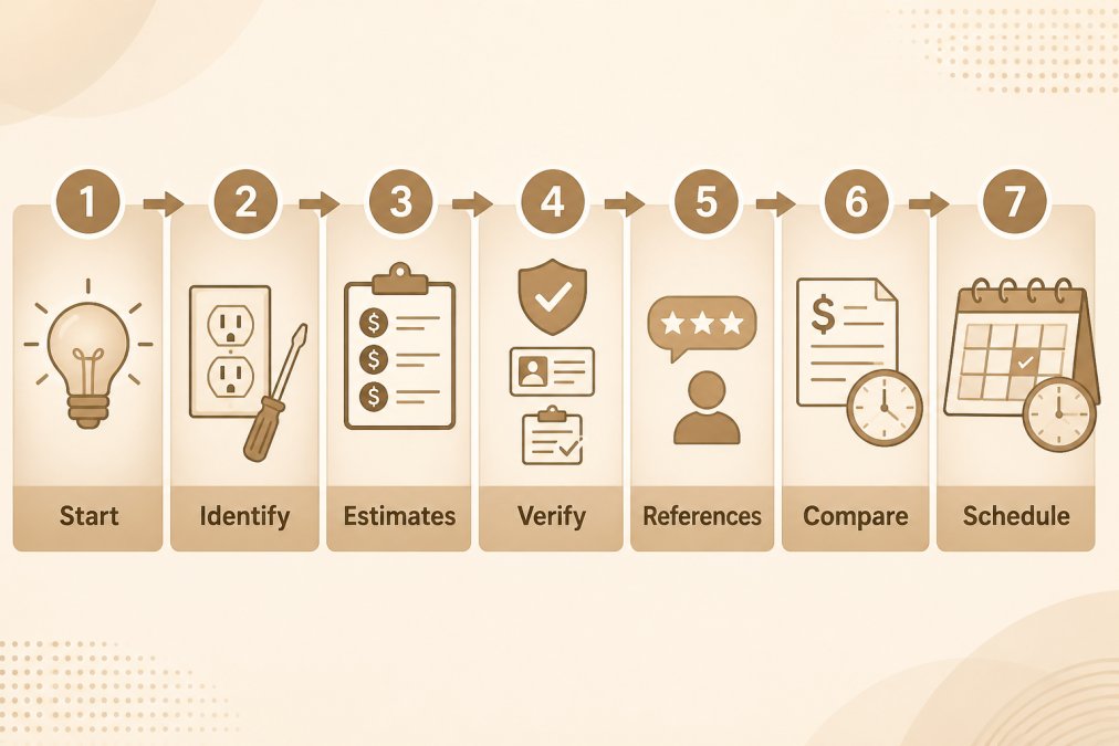 Decision flowchart: Start → Identify electrical need → Get free estimates from licensed contractors → Verify license, insurance, and bonding → Review customer references and past work → Compare upfront pricing and timelines → Schedule with selected contractor
