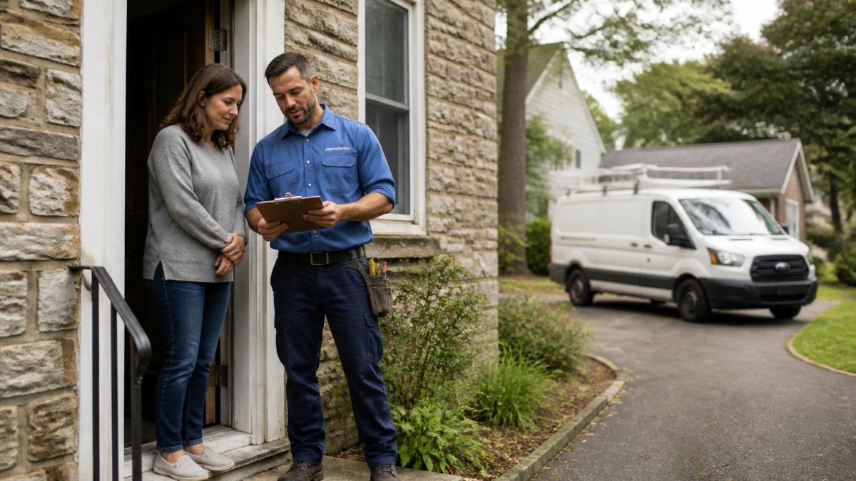A licensed electrician in a branded work shirt reviewing a clipboard with a homeowner in the doorway of an older Pennsylvania home, service van visible in the driveway