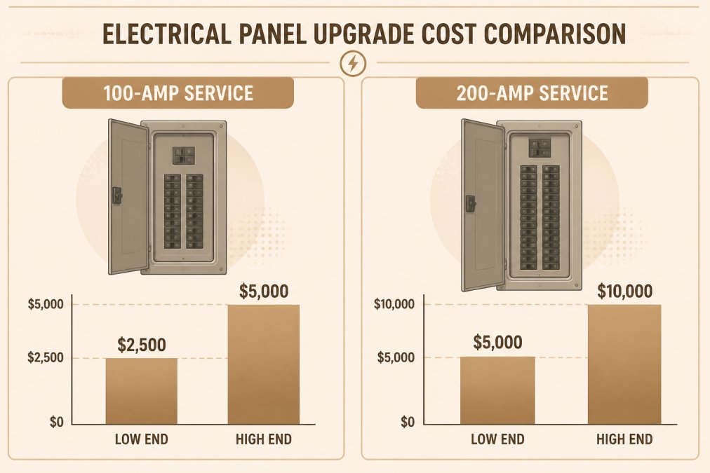 Bar chart comparing estimated cost ranges for 100-amp vs 200-amp electrical panel upgrades, with labels showing '100-amp Service' and '200-amp Service'