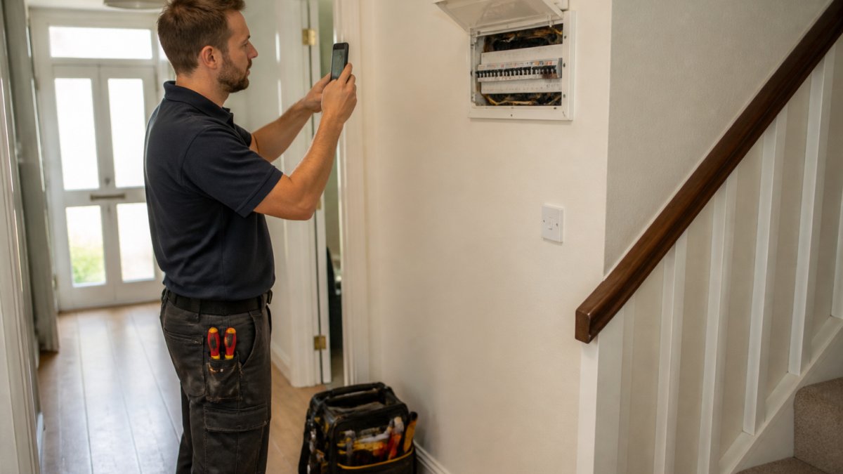 A self-employed electrician in work clothes standing in a customer's hallway, holding a smartphone and taking a photo of a consumer unit, with a tool bag on the floor beside him