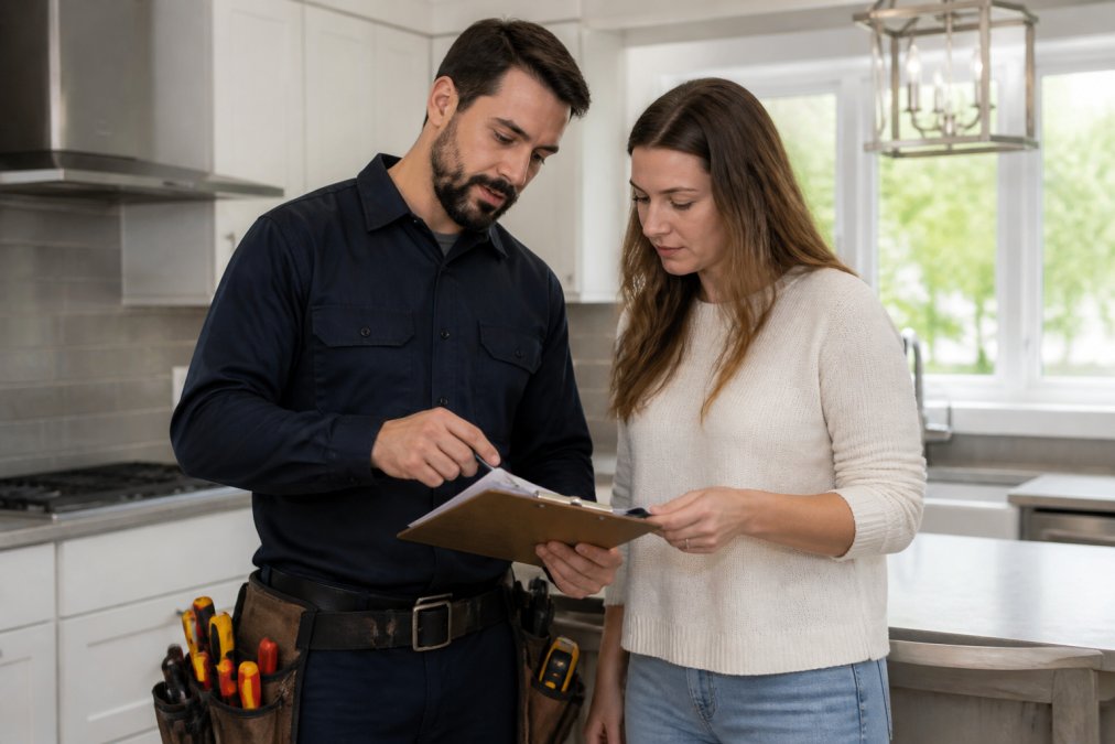 Homeowner and licensed electrician reviewing a detailed service agreement and written estimate on a clipboard in a residential kitchen, with natural daylight coming through windows