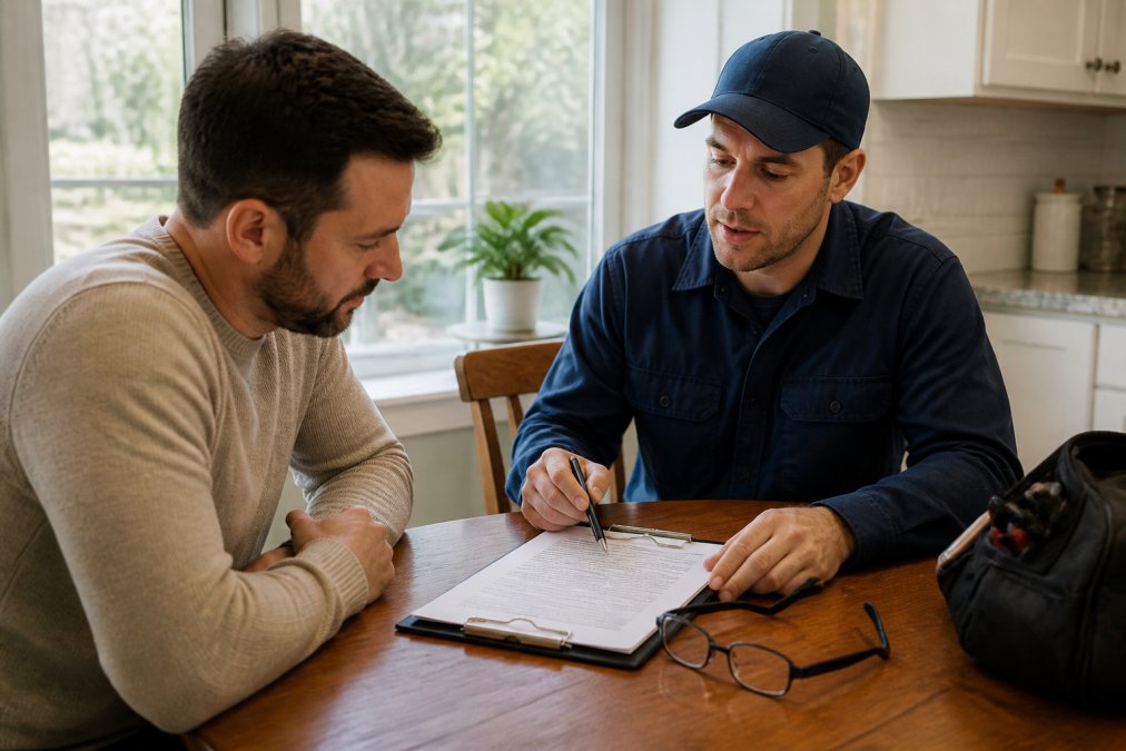 Homeowner and professional electrician sitting at a table reviewing a written estimate and service contract with clipboard, pen, and glasses visible, with natural lighting from nearby window