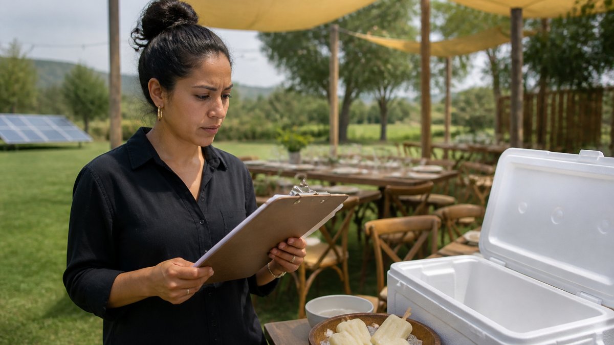 Event planner reviewing an outdoor venue setup for electricity free catering with tables and shade structures.