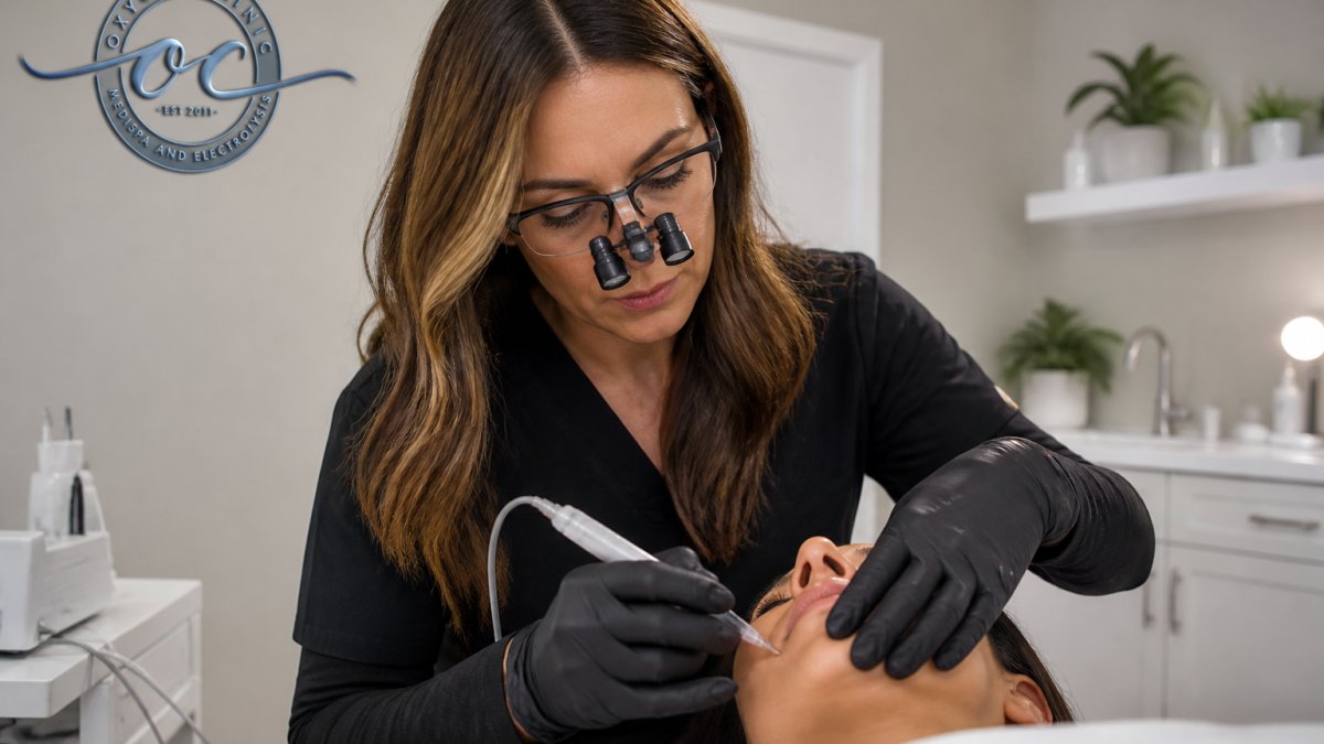 Electrologist using a fine probe to treat chin hair for hormonal hair growth in a modern clinic