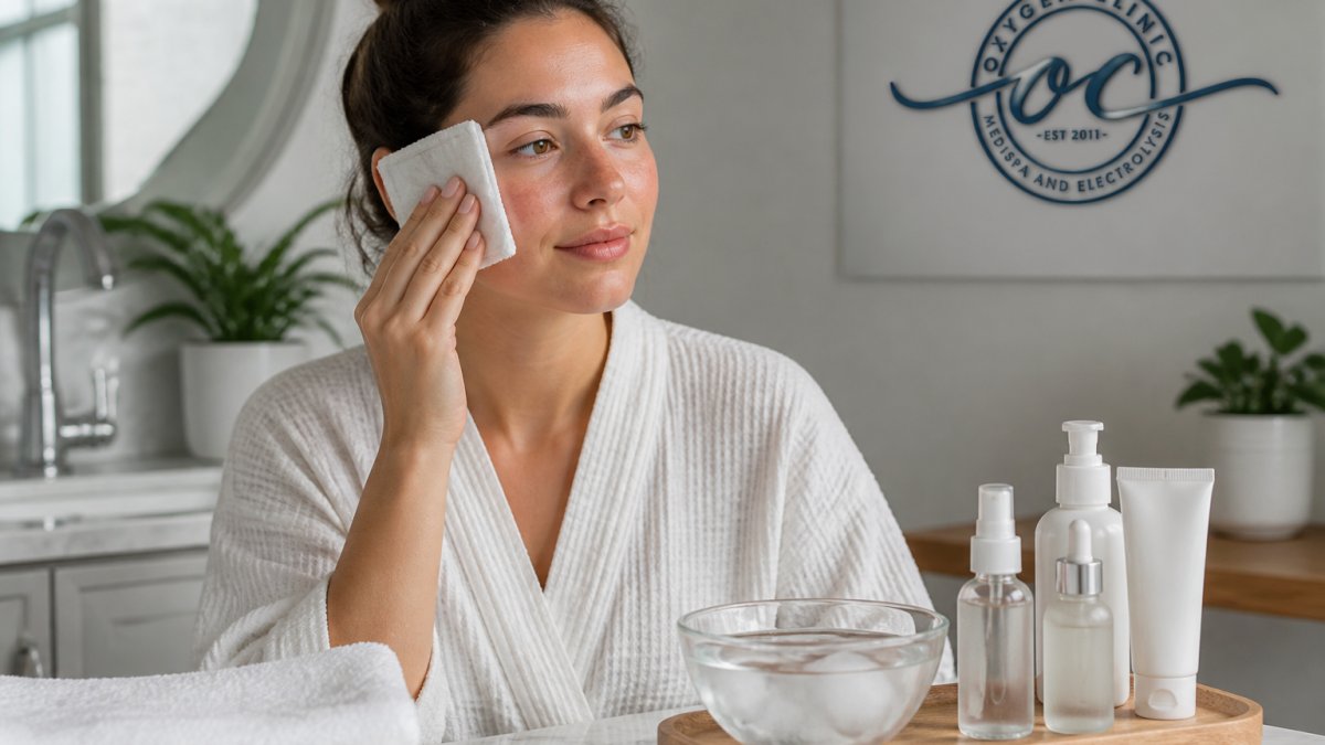 A person gently applying a cool compress to their cheek in a calm, well-lit bathroom setting, with skincare products visible on the counter