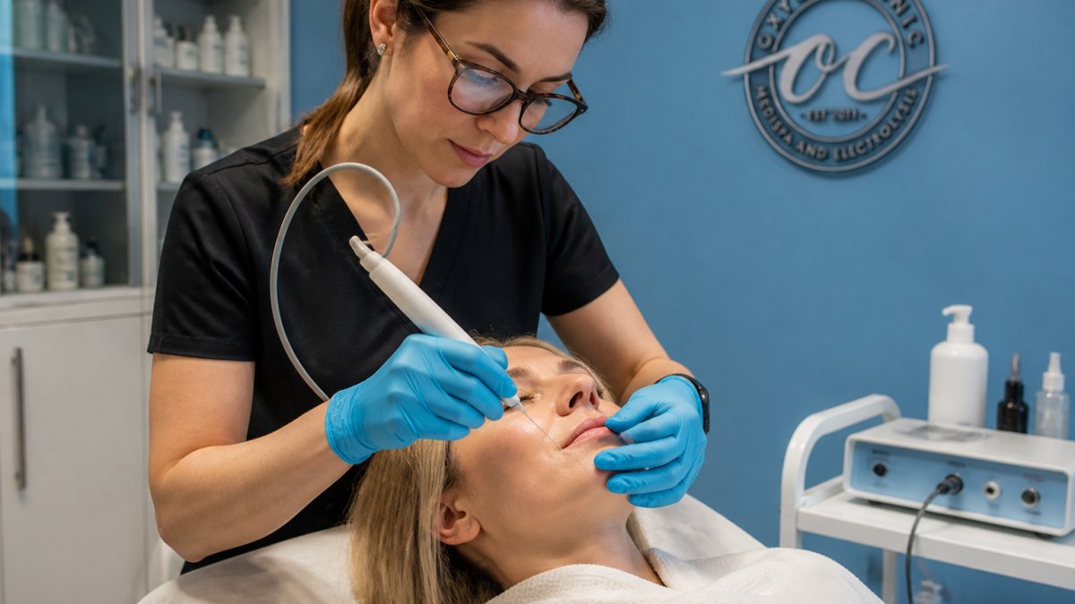 Professional administering electrolysis treatment to the chin area of a client in a clinical setting with clinical lighting and equipment visible
