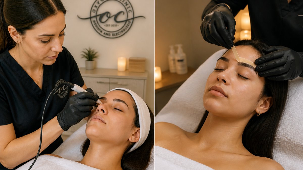 Professional demonstrating electrolysis technique on client's face in clinical setting with warm lighting and calm environment